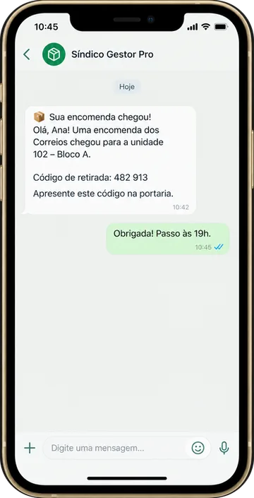 Conversa de WhatsApp com o aviso de encomenda e o código de retirada enviado ao morador