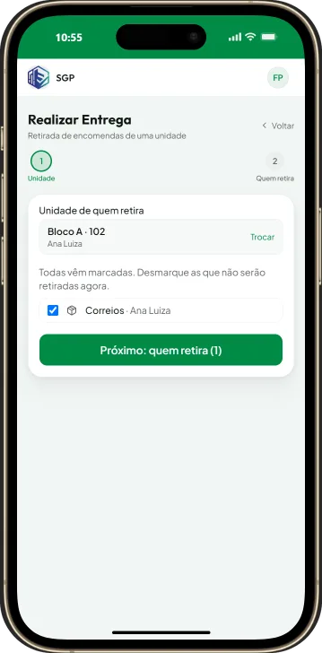 Tela Realizar Entrega sem código, com a unidade escolhida e as encomendas marcadas para retirada
