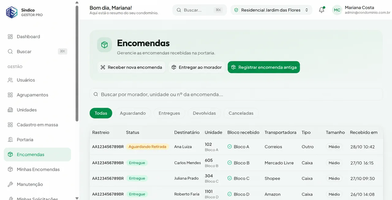 Painel de encomendas do Síndico Gestor Pro, com a lista de encomendas, unidade, transportadora e data de recebimento
